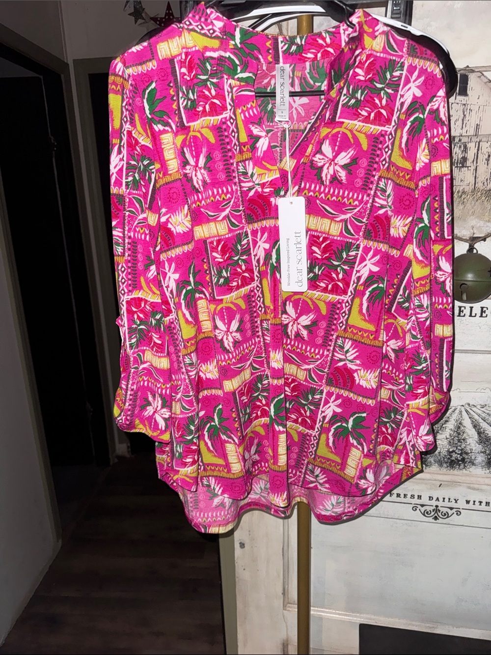 Glenna & Scarlett Hot Pink Tropical Print V-Neck Blouse